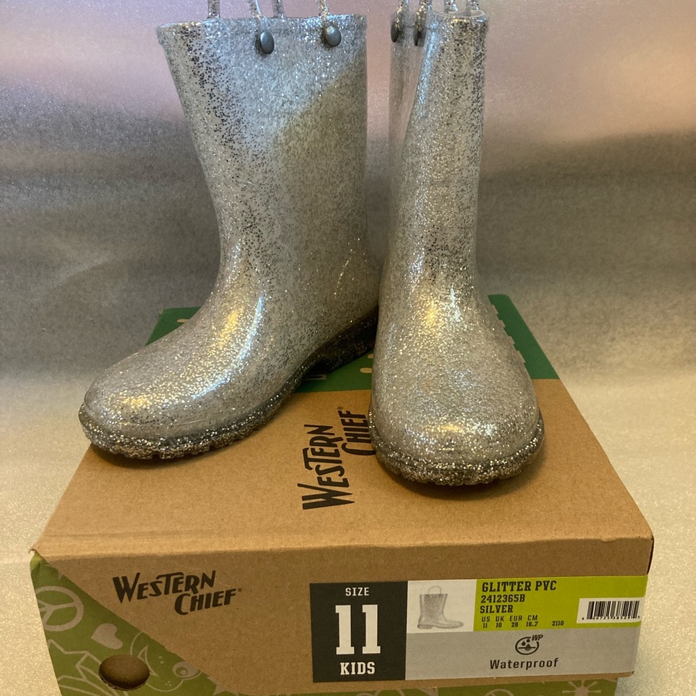 Western Chief Kids Glitter Silver Rain Boots
